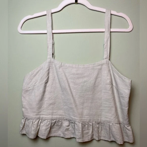Linen Tank Ruffle Tan Beige Zip Up Side Adjustable Strap - Picture 2 of 8